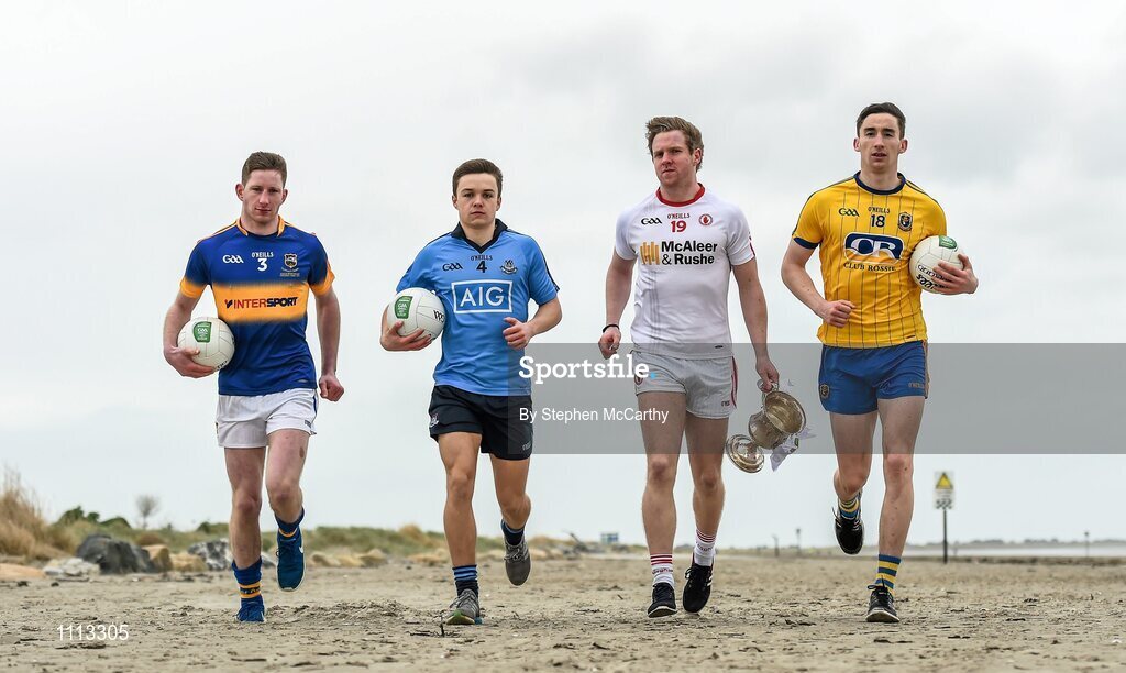 16 February 2016; In attendance at the launch of the 2016 EirGrid GAA Football U21 All-Ireland Championship launch today are U21 footballers, from left, Jimmy Feehan, Tipperary, Eoin Murchan, Dublin, Frank Burns, Tyrone, and Cathal Compton, Roscommon. Dollymount Strand, Dublin. Picture credit: Stephen McCarthy / SPORTSFILE
