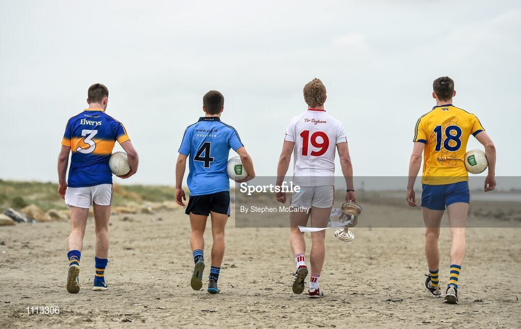 16 February 2016; In attendance at the launch of the 2016 EirGrid GAA Football U21 All-Ireland Championship launch today are U21 footballers, from left, Jimmy Feehan, Tipperary, Eoin Murchan, Dublin, Frank Burns, Tyrone, and Cathal Compton, Roscommon. Dollymount Strand, Dublin. Picture credit: Stephen McCarthy / SPORTSFILE