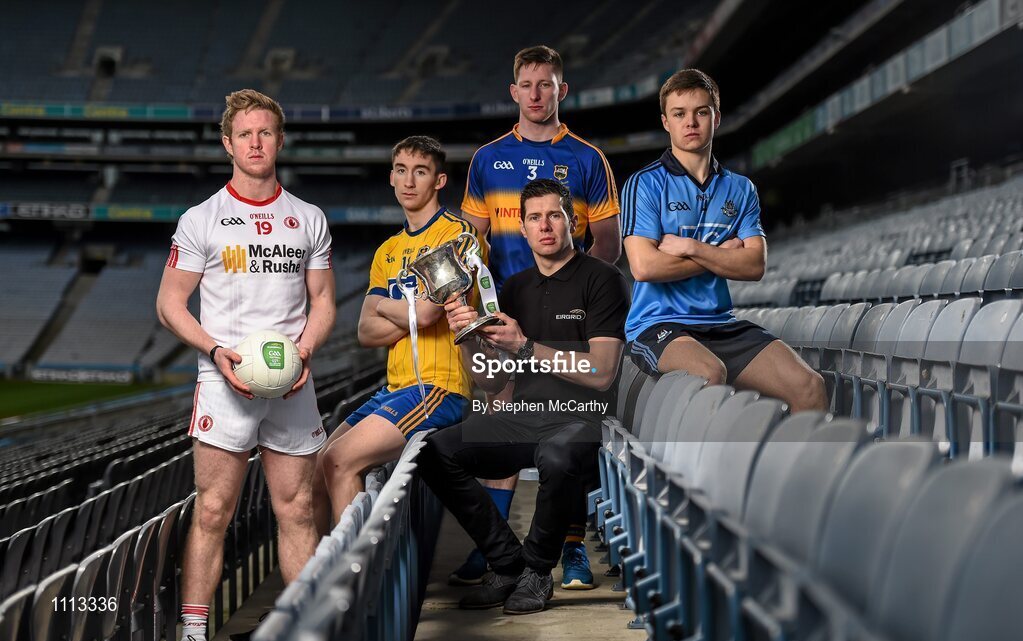16 February 2016; In attendance at the launch of the 2016 EirGrid GAA Football U21 All-Ireland Championship launch today is EirGrid GAA Football U21 All-Ireland Championship ambassador Sean Cavanagh, Tyrone footballer, with U21 footballers, from left, Frank Burns, Tyrone, Cathal Compton, Roscommon, Jimmy Feehan, Tipperary, and Eoin Murchan, Dublin. Croke Park, Dublin. Picture credit: Stephen McCarthy / SPORTSFILE