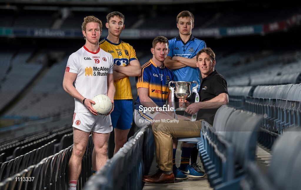 16 February 2016; In attendance at the launch of the 2016 EirGrid GAA Football U21 All-Ireland Championship launch today is EirGrid GAA Football U21 All-Ireland Championship ambassador Trevor Giles, former Meath footballer, with U21 footballers, from left, Frank Burns, Tyrone, Cathal Compton, Roscommon, Jimmy Feehan, Tipperary, and Eoin Murchan, Dublin. Croke Park, Dublin. Picture credit: Stephen McCarthy / SPORTSFILE