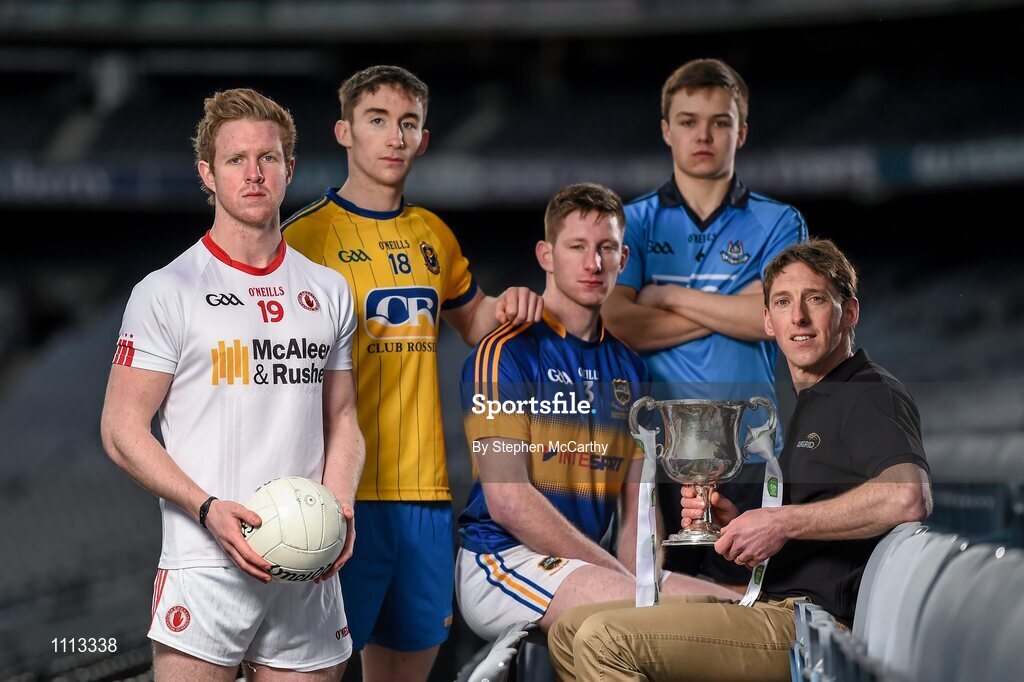 16 February 2016; In attendance at the launch of the 2016 EirGrid GAA Football U21 All-Ireland Championship launch today is EirGrid GAA Football U21 All-Ireland Championship ambassador Trevor Giles, former Meath footballer, with U21 footballers, from left, Frank Burns, Tyrone, Cathal Compton, Roscommon, Jimmy Feehan, Tipperary, and Eoin Murchan, Dublin. Croke Park, Dublin. Picture credit: Stephen McCarthy / SPORTSFILE
