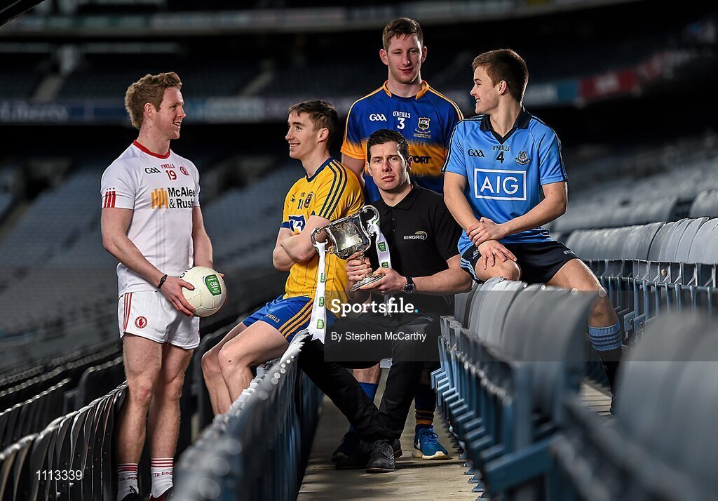 16 February 2016; In attendance at the launch of the 2016 EirGrid GAA Football U21 All-Ireland Championship launch today is EirGrid GAA Football U21 All-Ireland Championship ambassador Sean Cavanagh, Tyrone footballer, with U21 footballers, from left, Frank Burns, Tyrone, Cathal Compton, Roscommon, Jimmy Feehan, Tipperary, and Eoin Murchan, Dublin. Croke Park, Dublin. Picture credit: Stephen McCarthy / SPORTSFILE