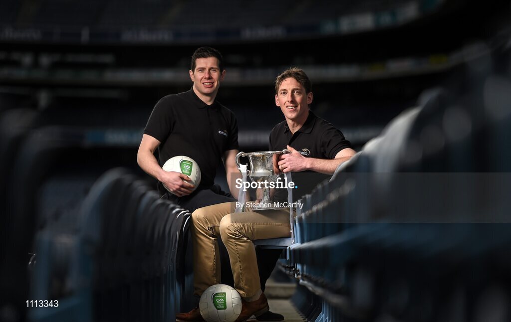 16 February 2016; In attendance at the launch of the 2016 EirGrid GAA Football U21 All-Ireland Championship launch today are EirGrid GAA Football U21 All-Ireland Championship ambassadors Sean Cavanagh, Tyrone footballer, left, and Trevor Giles, former Meath footballer. Croke Park, Dublin. Picture credit: Stephen McCarthy / SPORTSFILE