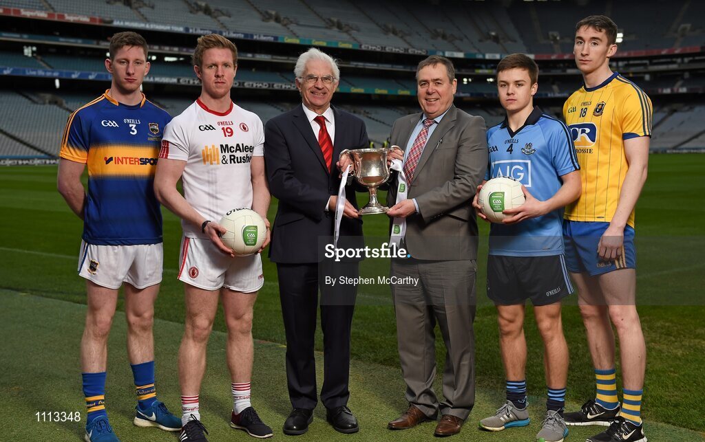 16 February 2016; In attendance at the launch of the 2016 EirGrid GAA Football U21 All-Ireland Championship launch today are John O'Connor, Chairman, EirGrid, left, and Michael Rock, GAA Vice-President & Connacht GAA President, with U21 footballers, from left, Jimmy Feehan, Tipperary, Frank Burns, Tyrone, Eoin Murchan, Dublin, and Cathal Compton, Roscommon. Croke Park, Dublin. Picture credit: Stephen McCarthy / SPORTSFILE
