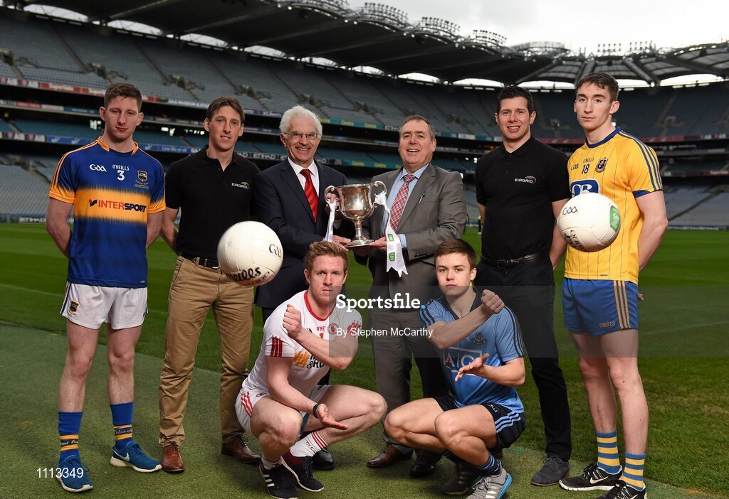 16 February 2016; In attendance at the launch of the 2016 EirGrid GAA Football U21 All-Ireland Championship launch today are John O'Connor, Chairman, EirGrid, left, and Michael Rock, GAA Vice-President & Connacht GAA President, with U21 ambassadors Trevor Giles, former Meath footballer, and Sean Cavanagh, Tyrone footballer, with U21 footballers, from left, Jimmy Feehan, Tipperary, Frank Burns, Tyrone, Eoin Murchan, Dublin, and Cathal Compton, Roscommon. Croke Park, Dublin. Picture credit: Stephen McCarthy / SPORTSFILE