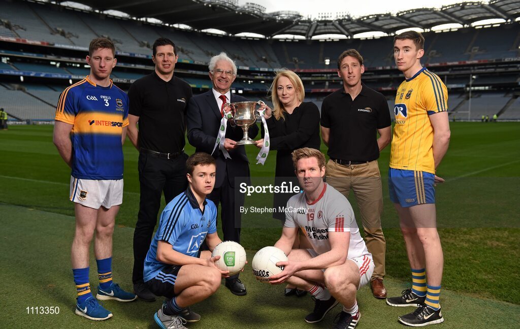 16 February 2016; In attendance at the launch of the 2016 EirGrid GAA Football U21 All-Ireland Championship launch today are John O'Connor, Chairman, EirGrid, left, and Rosemary Steen, Director of Public Affairs, EirGrid, with U21 ambassadors Trevor Giles, former Meath footballer, and Sean Cavanagh, Tyrone footballer, with U21 footballers, from left, Jimmy Feehan, Tipperary, Frank Byrne, Tyrone, Eoin Murchan, Dublin, and Cathal Compton, Roscommon. Croke Park, Dublin. Picture credit: Stephen McCarthy / SPORTSFILE