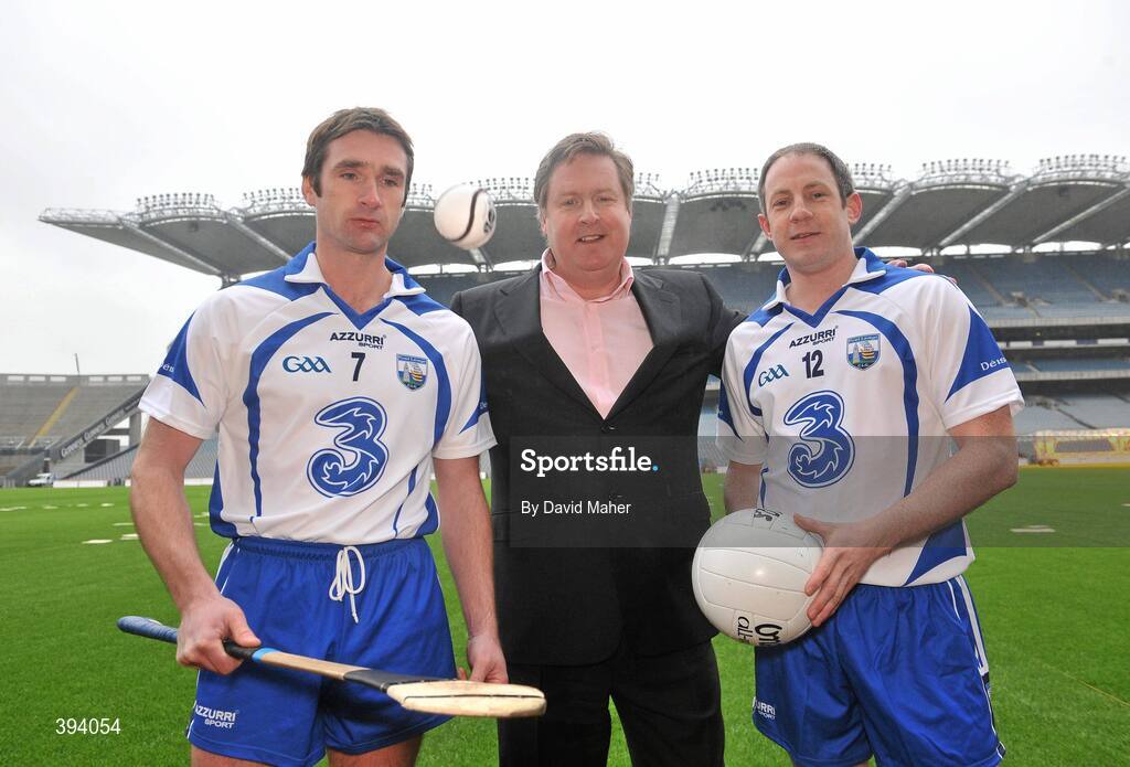 13 January 2010; Pictured at the unveiling of the new Waterford GAA strip for 2010 were Robert Finnegan, centre, Chief Executive of 3, with Waterford hurler Tony Browne, left, and Stephen Cunningham, Waterford footballer. The new jersey was launched as part of a new two year sponsorship by 3, Ireland’s fastest growing network, of Waterford GAA, covering both the Hurling and Football codes and includes all grades from Minor to Senior inter-county teams over the next two years. Croke Park, Dublin. Picture credit: David Maher / SPORTSFILE