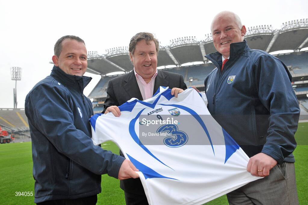 13 January 2010; Pictured at the unveiling of the new Waterford GAA strip for 2010 were Robert Finnegan, centre, Chief Executive of 3, with Davy Fitzgerald, left, Waterford hurling manager and John Owens, Waterford football manager. The new jersey was launched as part of a new two year sponsorship by 3, Ireland’s fastest growing network, of Waterford GAA, covering both the Hurling and Football codes and includes all grades from Minor to Senior inter-county teams over the next two years. Croke Park, Dublin. Picture credit: David Maher / SPORTSFILE