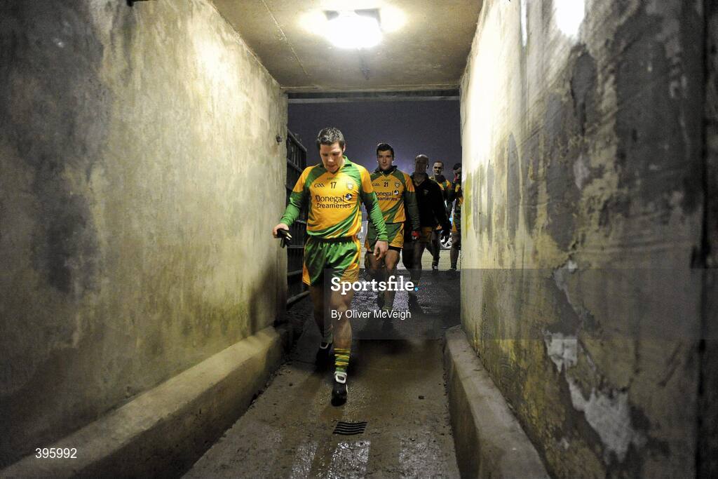 20 January 2010; Donegal captain Kevin Cassidy leads his team out through the tunnel to the pitch. Barrett Sports Lighting Dr. McKenna Cup, Group B, Donegal v Tyrone, MacCumhaill Park, Ballybofey, Co. Donegal. Picture credit: Oliver McVeigh / SPORTSFILE