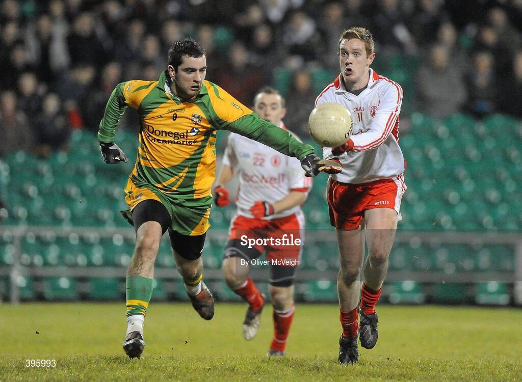 20 January 2010; Gavin Teague, Tyrone, in action against Darragh Gallagher, Donegal. Barrett Sports Lighting Dr. McKenna Cup, Group B, Donegal v Tyrone, MacCumhaill Park, Ballybofey, Co. Donegal. Picture credit: Oliver McVeigh / SPORTSFILE