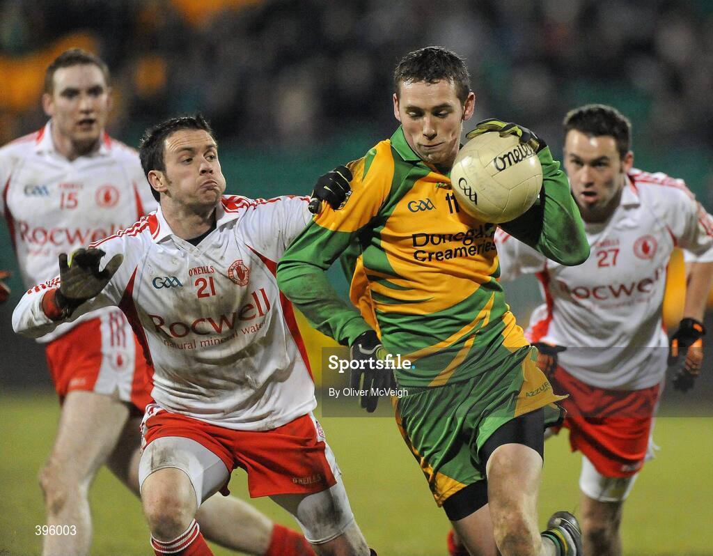 20 January 2010; Edward Kellly, Donegal, in action against Martin Penrose, Tyrone. Barrett Sports Lighting Dr. McKenna Cup, Group B, Donegal v Tyrone, MacCumhaill Park, Ballybofey, Co. Donegal. Picture credit: Oliver McVeigh / SPORTSFILE