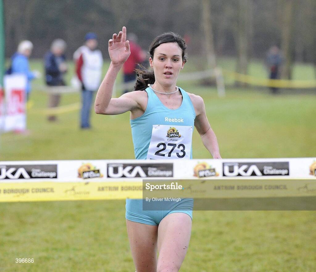 23 January 2010; Mary Cullen, Ireland, crossing the line to win the Senior Women's race. Antrim IAAF International Cross Country, Greenmount Campus, Belfast, Co. Antrim. Picture credit: Oliver McVeigh / SPORTSFILE