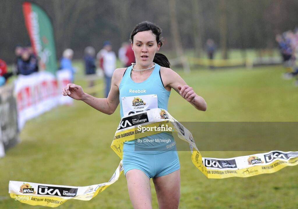 23 January 2010; Mary Cullen, Ireland, crossing the line to win the Senior Women's race. Antrim IAAF International Cross Country, Greenmount Campus, Belfast, Co. Antrim. Picture credit: Oliver McVeigh / SPORTSFILE