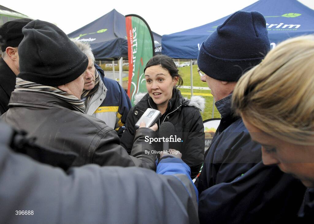 23 January 2010; Mary Cullen, Ireland, speaking to journalist's, after winning the Senior Women's race. Antrim IAAF International Cross Country, Greenmount Campus, Belfast, Co. Antrim. Picture credit: Oliver McVeigh / SPORTSFILE