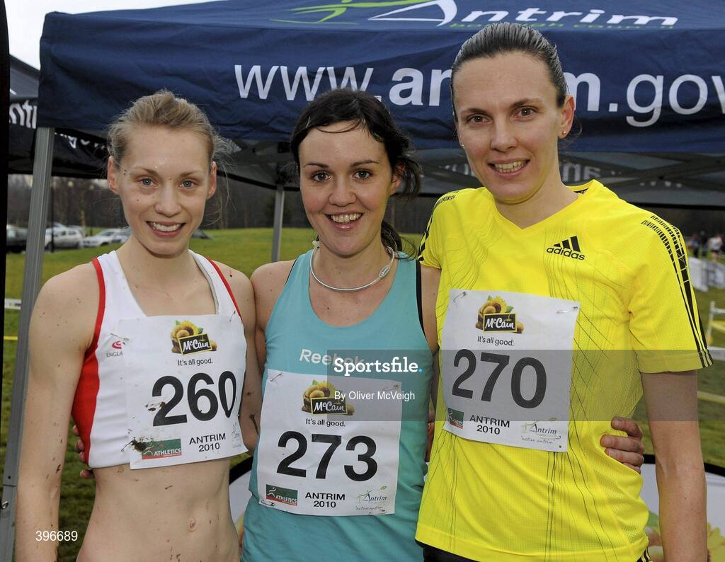 23 January 2010; Senior Women's race winner Mary Cullen, Ireland, with second place Aniko Kalovics, Hungary, right, and third place Jessica Sparke, England, left. Antrim IAAF International Cross Country, Greenmount Campus, Belfast, Co. Antrim. Picture credit: Oliver McVeigh / SPORTSFILE