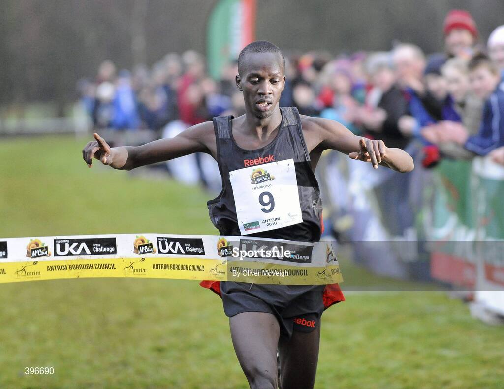 23 January 2010; Mike Kigen, Kenya, crossing the line to win the Senior Men's race. Antrim IAAF International Cross Country, Greenmount Campus, Belfast, Co. Antrim. Picture credit: Oliver McVeigh / SPORTSFILE