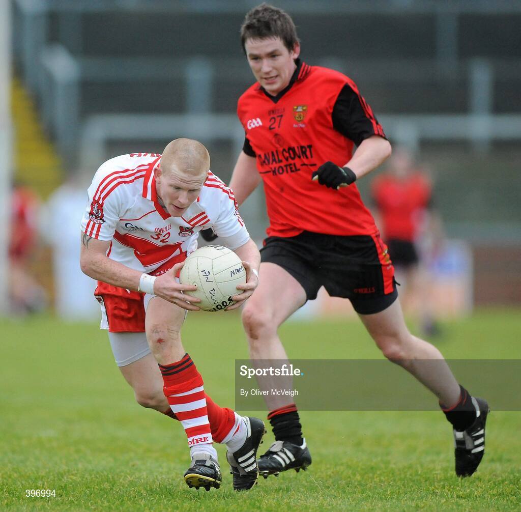 24 January 2010; Enda Lynn, Derry, in action against Stephen Toner, Down. Barrett Sports Lighting Dr. McKenna Cup, Group C, Derry v Down, Celtic Park, Derry. Picture credit: Oliver McVeigh / SPORTSFILE