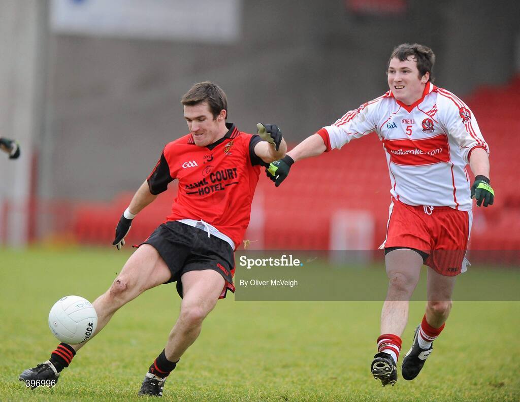 24 January 2010; Ronan Murtagh, Down, in action against Michael McGoldrick, Derry. Barrett Sports Lighting Dr. McKenna Cup, Group C, Derry v Down, Celtic Park, Derry. Picture credit: Oliver McVeigh / SPORTSFILE
