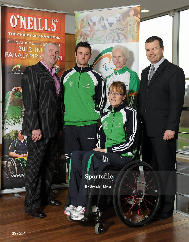 25 January 2010; The Irish Paralympic Team are to wear O'Neills kit for 2012 Paralympic Games in London after the Paralympic Council of Ireland announced O'Neills as the Official Kit Supplier to the 2012 Irish Paralympic Team. At the announcement are, from left, Cormac Farrell, Marketing Director, O'Neills, Gary Messett, Football, Catherine Walsh, Cycling, Eimear Breathnach, Table Tennis, and Liam Harbison, CEO, Paralympic Council of Ireland. Sport HQ, Parkwest Business Park, Clondalkin, Dublin. Picture credit: Brendan Moran / SPORTSFILE