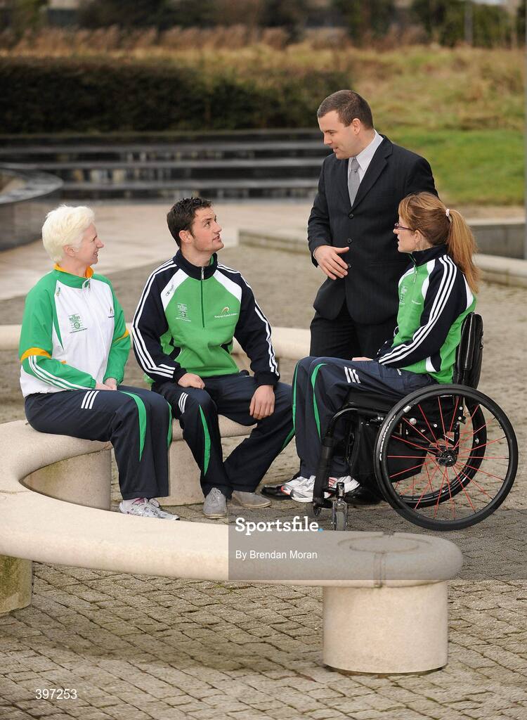 25 January 2010; The Irish Paralympic Team are to wear O'Neills kit for 2012 Paralympic Games in London after the Paralympic Council of Ireland announced O'Neills as the Official Kit Supplier to the 2012 Irish Paralympic Team. At the announcement are, from left, Catherine Walsh, Cycling, Gary Messett, Football, Liam Harbison, CEO, Paralympic Council of Ireland, and Eimear Breathnach, Table Tennis. Sport HQ, Parkwest Business Park, Clondalkin, Dublin. Picture credit: Brendan Moran / SPORTSFILE