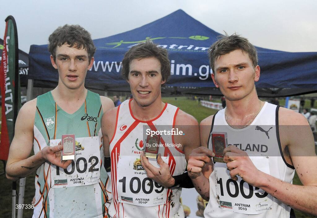 23 January 2010; Michael Mulhare, North Laois, third, Stephen Scullion, North Belfast Harriers, winner and Derek Hawkins, Scotland, second in the Celtic U23 section of the Senior Mens race, Antrim IAAF International Cross Country. Greenmount Campus, Belfast, Co. Antrim. Picture credit: Oliver McVeigh / SPORTSFILE