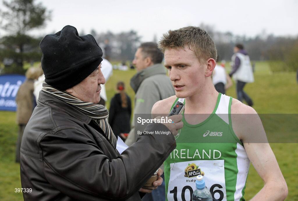 23 January 2010; Liam Brady, Tullamore Harriers, is interview by Irish Runner Editor Frank Greally after the IAAF Junior Mens race, Antrim IAAF International Cross Country. Greenmount Campus, Belfast, Co. Antrim. Picture credit: Oliver McVeigh / SPORTSFILE