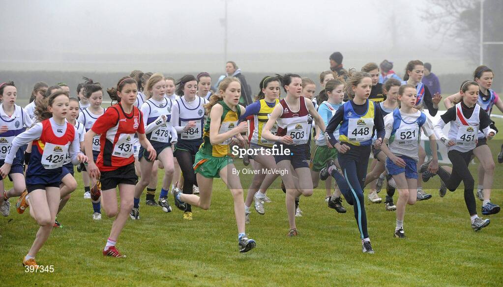 23 January 2010; The start of the Under 13 Girls race, Antrim IAAF International Cross Country. Greenmount Campus, Belfast, Co. Antrim. Picture credit: Oliver McVeigh / SPORTSFILE