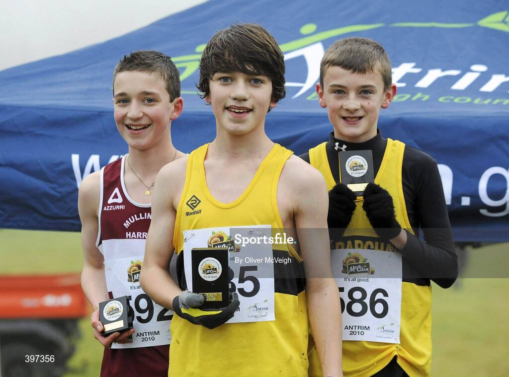 23 January 2010; Jack Reid, Mullingar Harriers, third, Euan Gillham, Kilbarchan AC, winner, and Gavin McArdle Kilbarchan AC, second, in the Under 13 Boys race, Antrim IAAF International Cross Country. Greenmount Campus, Belfast, Co. Antrim. Picture credit: Oliver McVeigh / SPORTSFILE