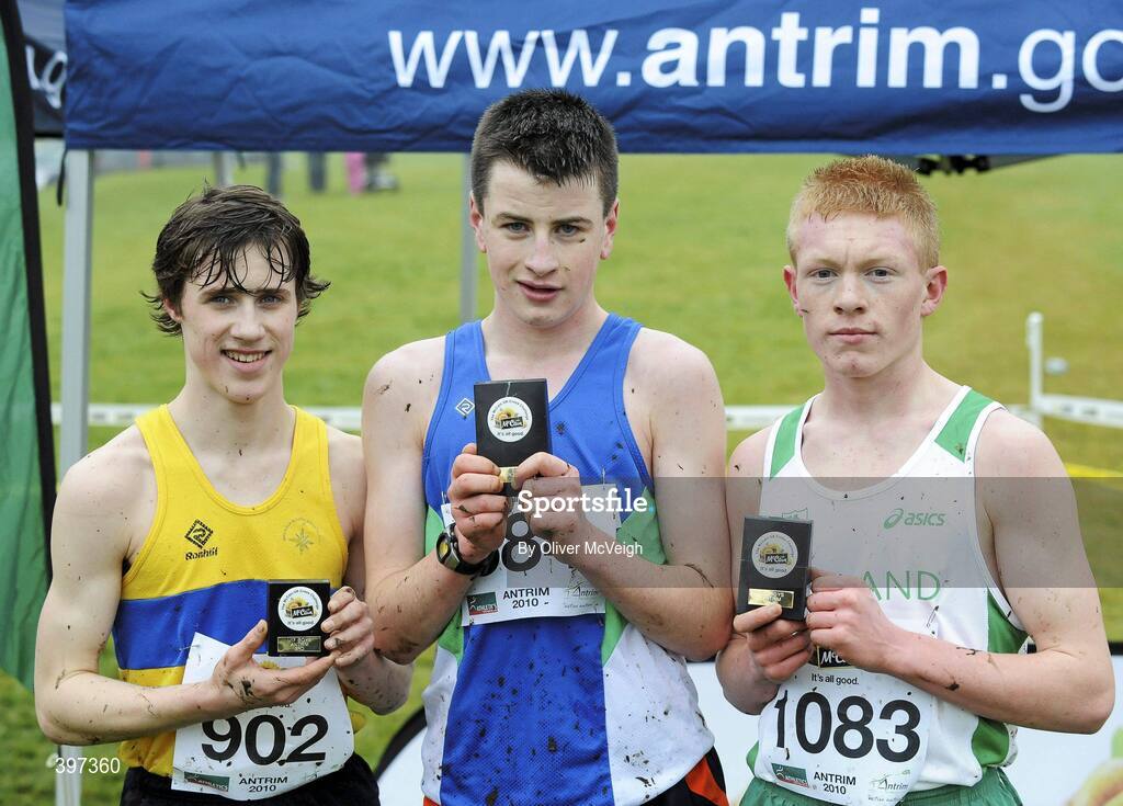 23 January 2010; Grant Muir, Giffnock North, Third, Stephen Kerr, Armagh AC, Winner and Sean Tobin, Clonmel AC, Second, in the Under 17 Boys race, Antrim IAAF International Cross Country. Greenmount Campus, Belfast, Co. Antrim. Picture credit: Oliver McVeigh / SPORTSFILE