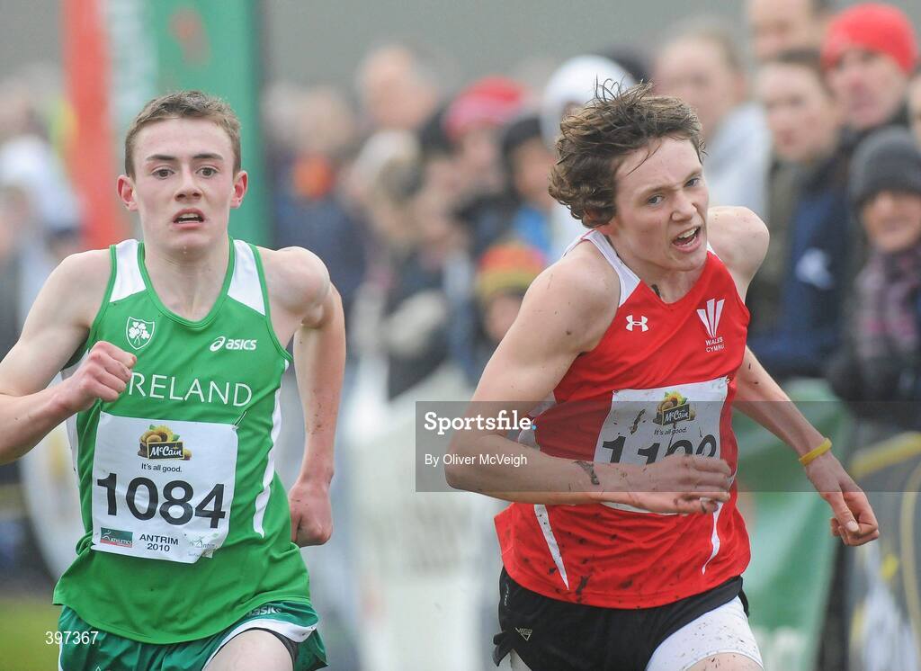 23 January 2010; James Maher, KCH AC, Kilkenny, and Liam Lyodd, Llanelli, in action during the Under 17 Boys race, Antrim IAAF International Cross Country. Greenmount Campus, Belfast, Co. Antrim. Picture credit: Oliver McVeigh / SPORTSFILE