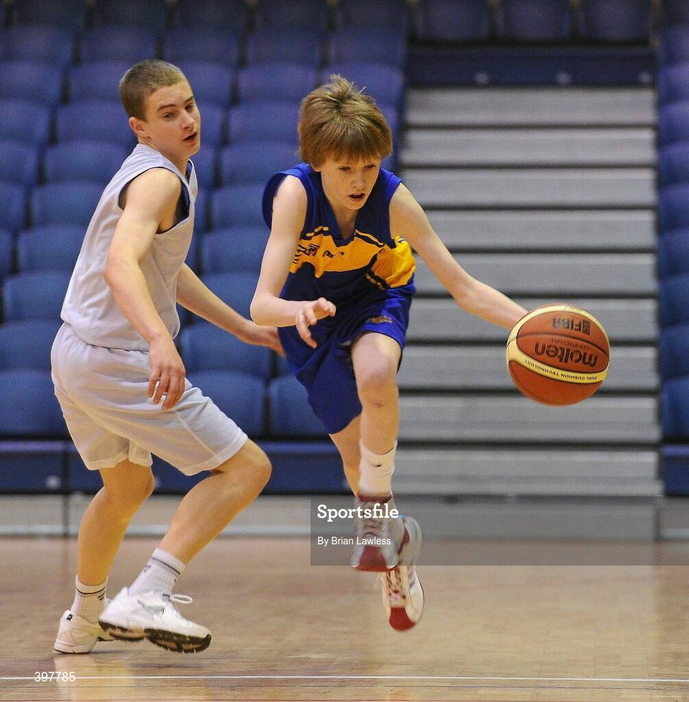 27 January 2010; Kevin O'Hanlon, Patrician High School, Monaghan, in action against Brian Crowley, Pobailscoil Inbhear Sceine, Kerry. All-Ireland School Cup Finals 2010 - U16 Boys B Final, Patrician High School, Monaghan v Pobailscoil Inbhear Sceine, Kerry, National Basketball Arena, Tallaght, Dublin. Picture credit: Brian Lawless / SPORTSFILE