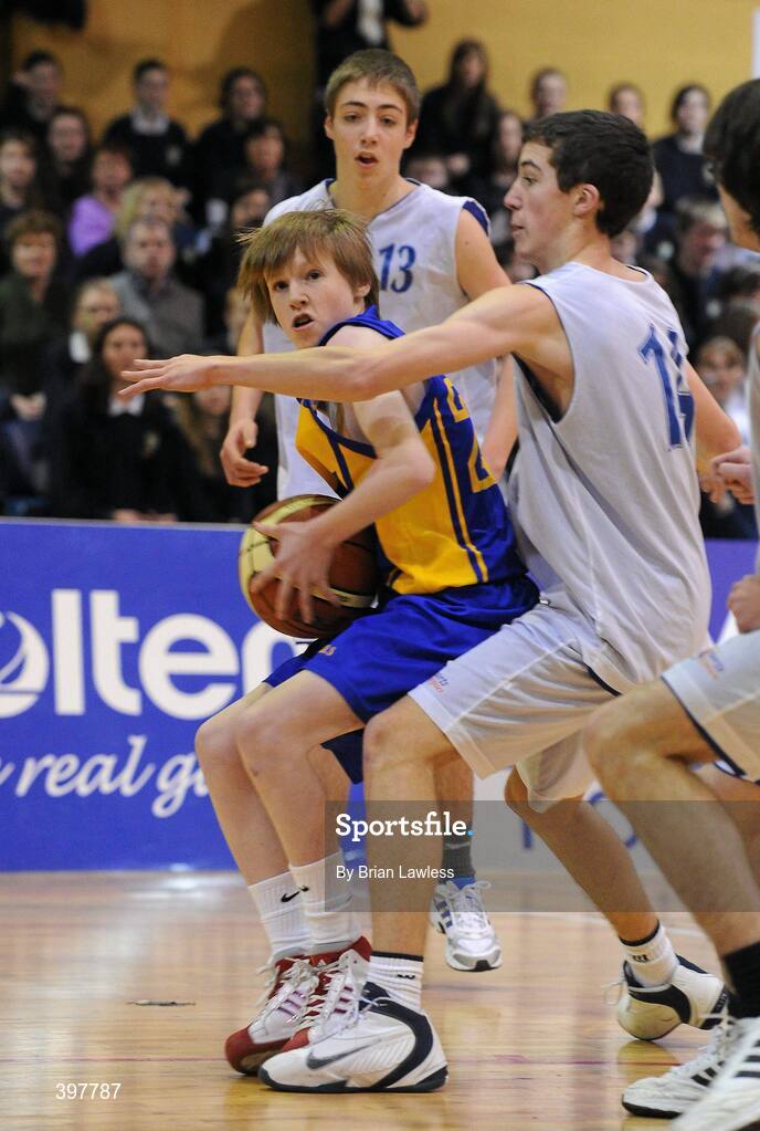 27 January 2010; Kevin O'Hanlon, Patrician High School, Monaghan, in action against Colm O'Sullivan, Pobailscoil Inbhear Sceine, Kerry. All-Ireland School Cup Finals 2010 - U16 Boys B Final, Patrician High School, Monaghan v Pobailscoil Inbhear Sceine, Kerry, National Basketball Arena, Tallaght, Dublin. Picture credit: Brian Lawless / SPORTSFILE
