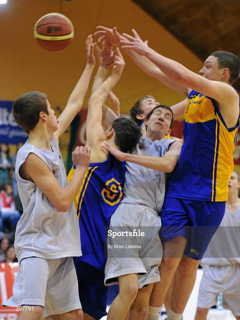 27 January 2010; Niall Loughman, right, and Dylan Ogle, Patrician High School, Monaghan, in action against Colm O'Sullivan and Adrian Spillane, left, Pobailscoil Inbhear Sceine, Kerry. All-Ireland School Cup Finals 2010 - U16 Boys B Final, Patrician High School, Monaghan v Pobailscoil Inbhear Sceine, Kerry, National Basketball Arena, Tallaght, Dublin. Picture credit: Brian Lawless / SPORTSFILE