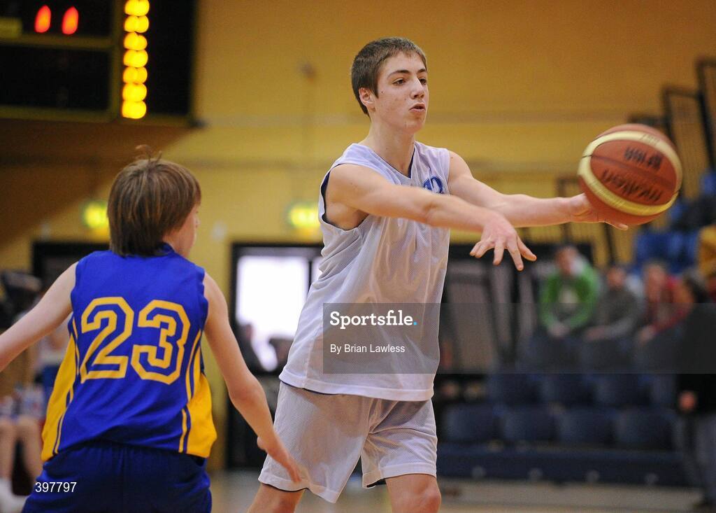27 January 2010; Adrian Spillane, Pobailscoil Inbhear Sceine, Kerry, in action against Kevin O'Hanlon, Patrician High School, Monaghan. All-Ireland School Cup Finals 2010 - U16 Boys B Final, Patrician High School, Monaghan v Pobailscoil Inbhear Sceine, Kerry, National Basketball Arena, Tallaght, Dublin. Picture credit: Brian Lawless / SPORTSFILE