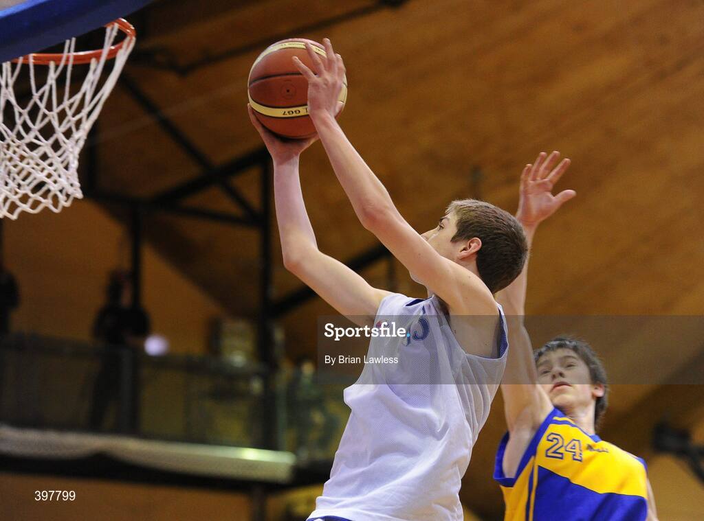 27 January 2010; Adrian Spillane, Pobailscoil Inbhear Sceine, Kerry, in action against Ryan Thornton, Patrician High School, Monaghan. All-Ireland School Cup Finals 2010 - U16 Boys B Final, Patrician High School, Monaghan v Pobailscoil Inbhear Sceine, Kerry, National Basketball Arena, Tallaght, Dublin. Picture credit: Brian Lawless / SPORTSFILE