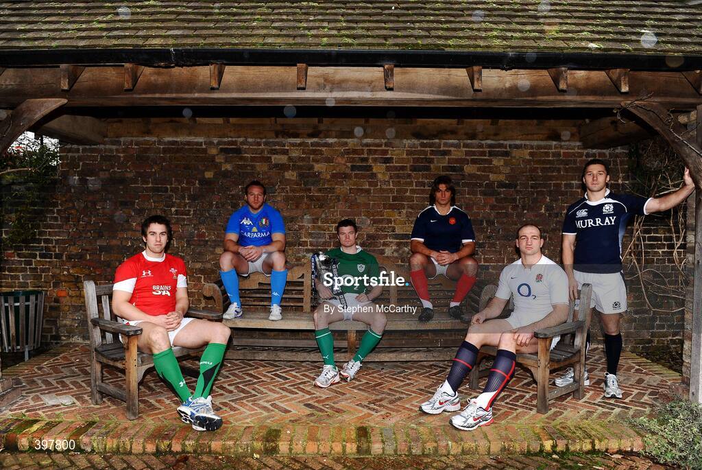 27 January 2010; Ireland captain Brian O'Driscoll with fellow captains, from left, Ryan Jones, Wales, Leonardo Ghiraldini, Italy, Dimitri Szarzewski, France, Steve Borthwick, England, and Chris Cusiter, Scotland, at the RBS Six Nations Rugby Championship launch. The Hurlingham Club, Ranelagh Gardens, London, England. Picture credit: Stephen McCarthy / SPORTSFILE