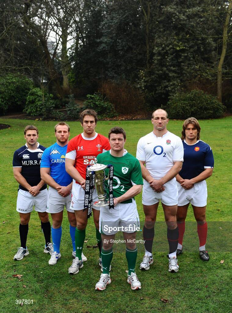 27 January 2010; Ireland captain Brian O'Driscoll with fellow captains, from left, Chris Cusiter, Scotland, Leonardo Ghiraldini, Italy, Ryan Jones, Wales, Steve Borthwick, England, and Dimitri Szarzewski, France, at the RBS Six Nations Rugby Championship launch. The Hurlingham Club, Ranelagh Gardens, London, England. Picture credit: Stephen McCarthy / SPORTSFILE