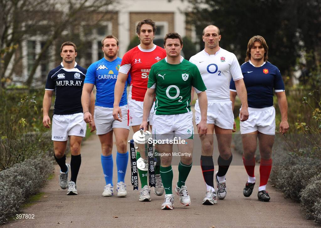 27 January 2010; Ireland captain Brian O'Driscoll with fellow captains, from left, Chris Cusiter, Scotland, Leonardo Ghiraldini, Italy, Ryan Jones, Wales, Steve Borthwick, England, and Dimitri Szarzewski, France, at the RBS Six Nations Rugby Championship launch. The Hurlingham Club, Ranelagh Gardens, London, England. Picture credit: Stephen McCarthy / SPORTSFILE