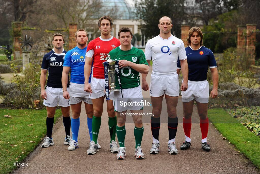 27 January 2010; Ireland captain Brian O'Driscoll with fellow captains, from left, Chris Cusiter, Scotland, Leonardo Ghiraldini, Italy, Ryan Jones, Wales, Steve Borthwick, England, and Dimitri Szarzewski, France, at the RBS Six Nations Rugby Championship launch. The Hurlingham Club, Ranelagh Gardens, London, England. Picture credit: Stephen McCarthy / SPORTSFILE
