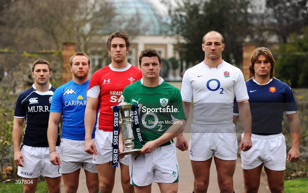 27 January 2010; Ireland captain Brian O'Driscoll with fellow captains, from left, Chris Cusiter, Scotland, Leonardo Ghiraldini, Italy, Ryan Jones, Wales, Steve Borthwick, England, and Dimitri Szarzewski, France, at the RBS Six Nations Rugby Championship launch. The Hurlingham Club, Ranelagh Gardens, London, England. Picture credit: Stephen McCarthy / SPORTSFILE