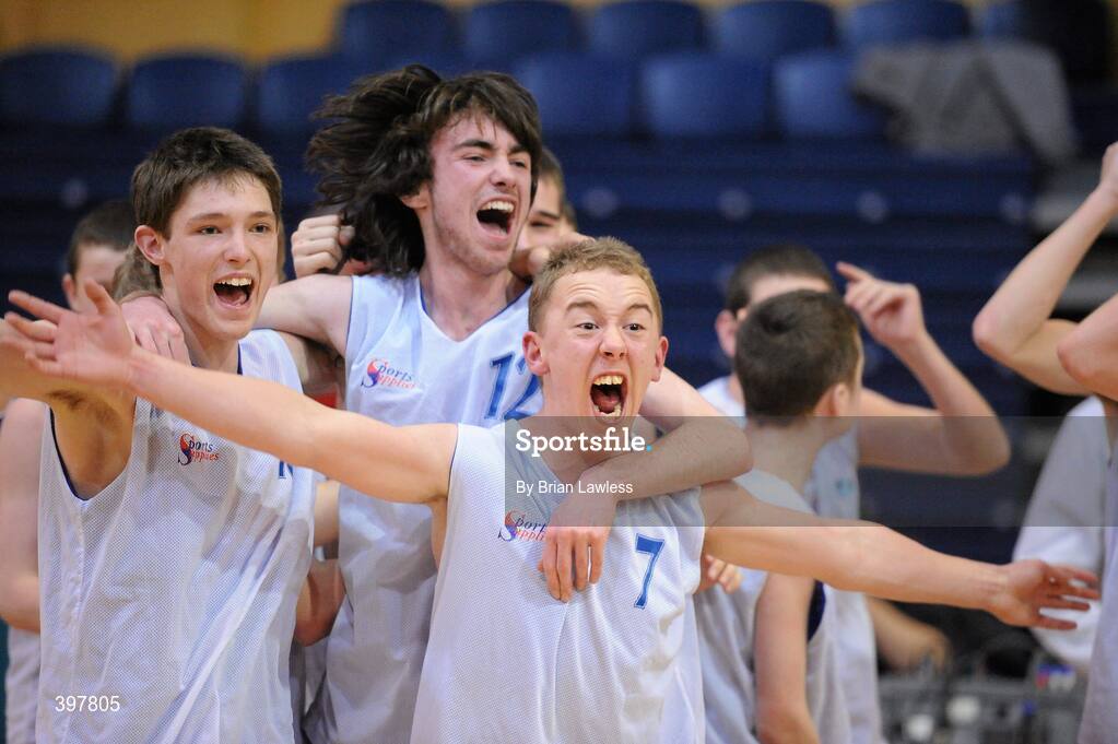 27 January 2010; Pobailscoil Inbhear Sceine, Kerry, players, from right, Michael Godfrey, Brian Clifford, and Eoghan O'Sullivan, celebrate after the match. All-Ireland School Cup Finals 2010 - U16 Boys B Final, Patrician High School, Monaghan v Pobailscoil Inbhear Sceine, Kerry, National Basketball Arena, Tallaght, Dublin. Picture credit: Brian Lawless / SPORTSFILE
