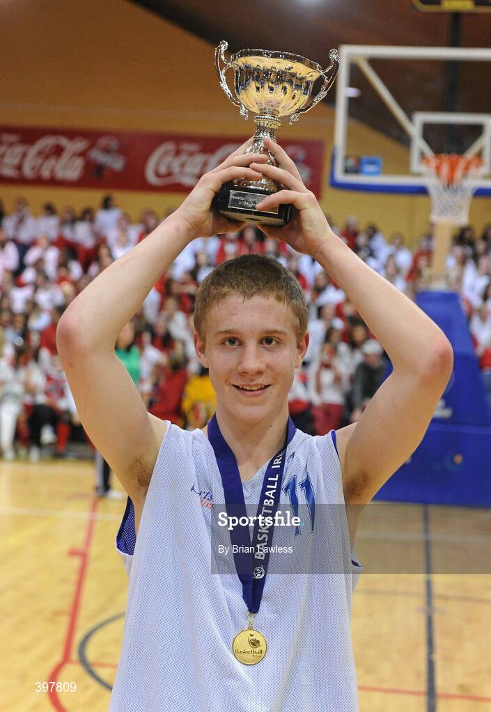 27 January 2010; Pobailscoil Inbhear Sceine, Kerry, captain Gavin Crowley lifts the cup. All-Ireland School Cup Finals 2010 - U16 Boys B Final, Patrician High School, Monaghan v Pobailscoil Inbhear Sceine, Kerry, National Basketball Arena, Tallaght, Dublin. Picture credit: Brian Lawless / SPORTSFILE
