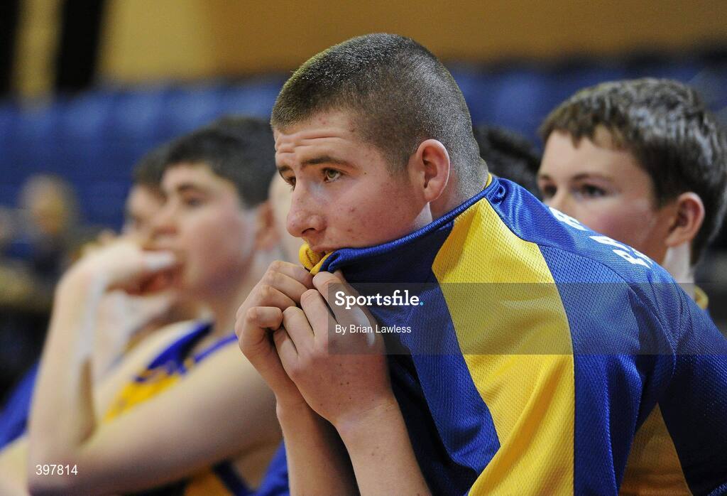27 January 2010; David McEnaney, Patrician High School, shows his disappointment at the end of the match. All-Ireland School Cup Finals 2010 - U16 Boys B Final, Patrician High School, Monaghan v Pobailscoil Inbhear Sceine, Kerry, National Basketball Arena, Tallaght, Dublin. Picture credit: Brian Lawless / SPORTSFILE