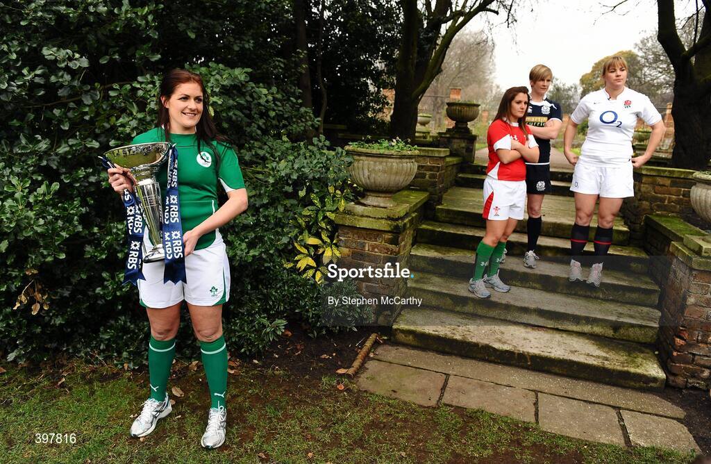 27 January 2010; Ireland women's captain Fiona Coughlan has her picture taken with the cup as fellow captains Catriona Nicholas, Wales, Lynn Reid, Scotland, and Catherine Spencer, England, watch on at the RBS Six Nations Rugby Championship launch. The Hurlingham Club, Ranelagh Gardens, London, England. Picture credit: Stephen McCarthy / SPORTSFILE