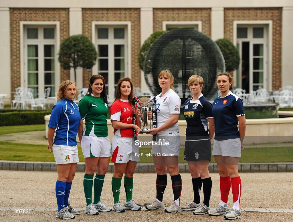 27 January 2010; Women's captains, from left, Paola Zangirolami, Italy, Fiona Coughlan, Ireland, Catriona Nicholas, Wales, Catherine Spencer, England, Lynn Reid, Scotland, and Sandra Rabier, France, at the RBS Six Nations Rugby Championship launch. The Hurlingham Club, Ranelagh Gardens, London, England. Picture credit: Stephen McCarthy / SPORTSFILE