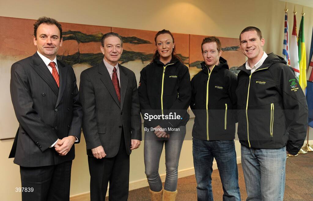 27 January 2010; At the announcement of the Irish team who will compete at the 2010 Winter Olympic Games in Vancouver, Canada, which start of the 12th February next, are, from left, Stephen Martin, CEO, Olympic Council of Ireland, His Excellency, Patrick Binns, Canadian Ambassador to Ireland, with Irish team members, Aoife Hoey, Women's Bobsleigh, Shane O'Connor, Alpine Slalom, and Pat Shannon, Skeleton Bobsleigh. Embassy of Canada to Ireland, Dublin. Picture credit: Brendan Moran / SPORTSFILE