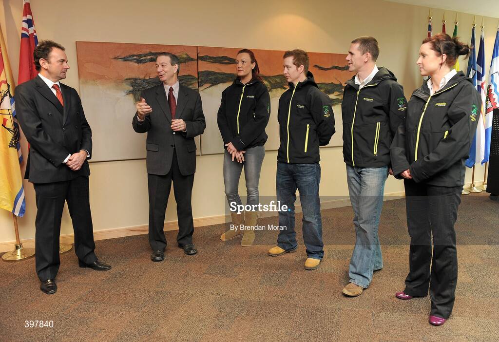 27 January 2010; At the announcement of the Irish team who will compete at the 2010 Winter Olympic Games in Vancouver, Canada, which start of the 12th February next, are, from left, Stephen Martin, CEO, Olympic Council of Ireland, His Excellency, Patrick Binns, Canadian Ambassador to Ireland, with Irish team members, Aoife Hoey, Women's Bobsleigh, Shane O'Connor, Alpine Slalom, Pat Shannon, Skeleton Bobsleigh and Claire Bergin, Women's Bobsleigh. Embassy of Canada to Ireland, Dublin. Picture credit: Brendan Moran / SPORTSFILE
