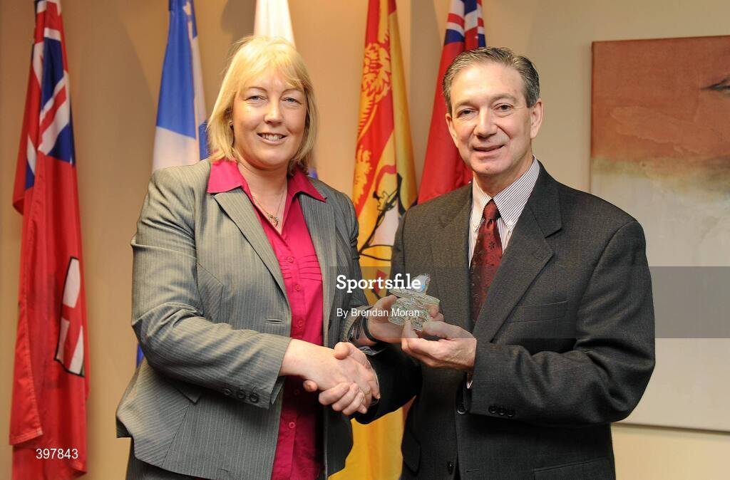 27 January 2010; At the announcement of the Irish team who will compete at the 2010 Winter Olympic Games in Vancouver, Canada, which start of the 12th February next, is His Excellency Patrick Binns, Canadian Ambassador to Ireland, making a presentation to Siobhan Hoey, Chef de Mission of the Irish team. Embassy of Canada to Ireland, Dublin. Picture credit: Brendan Moran / SPORTSFILE
