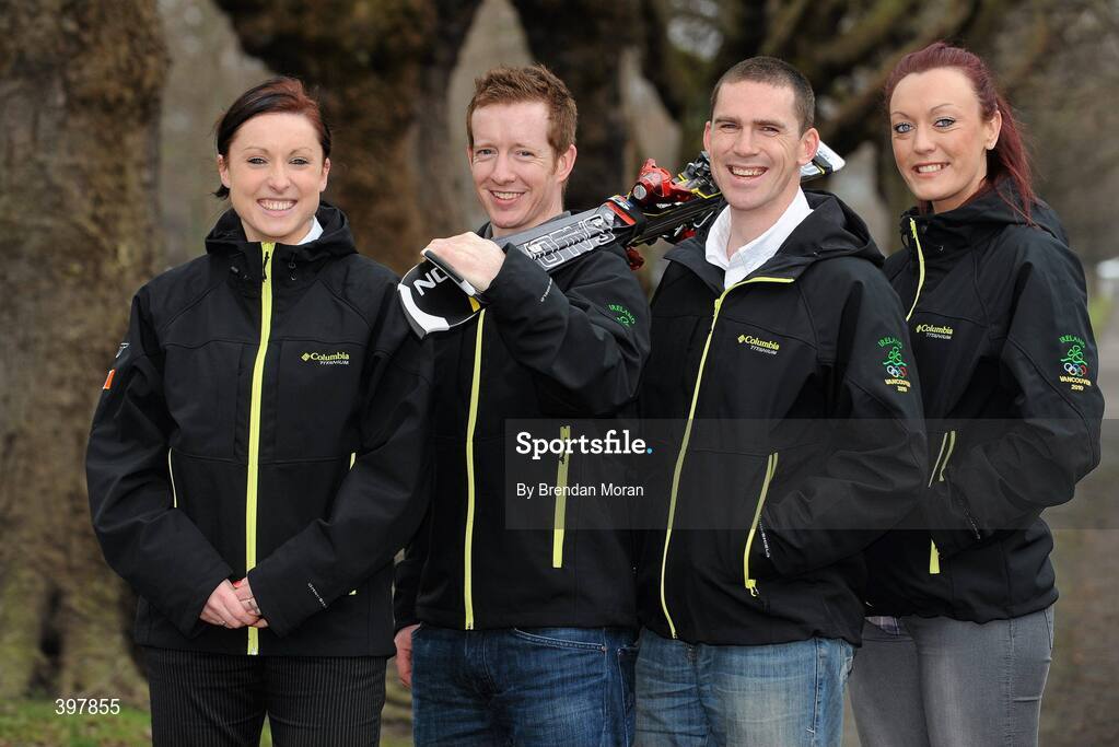 27 January 2010; At the announcement of the Irish team who will compete at the 2010 Winter Olympic Games in Vancouver, Canada, which start of the 12th February next, are, from left, Claire Bergin, brakewoman on the Women's Bobsleigh team, Shane O'Connor, Men's Alpine Slalom, Pat Shannon, Men's Skeleton Bobsleigh, and Aoife Hoey, pilot on the Women's Bobsleigh team. Embassy of Canada to Ireland, Dublin. Picture credit: Brendan Moran / SPORTSFILE