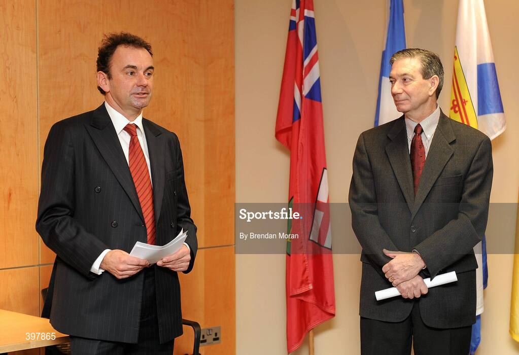 27 January 2010; At the announcement of the Irish team who will compete at the 2010 Winter Olympic Games in Vancouver, Canada, which start of the 12th February next, are, Stephen Martin, CEO, Olympic Council of Ireland and His Excellency, Patrick Binns, Canadian Ambassador to Ireland. Embassy of Canada to Ireland, Dublin. Picture credit: Brendan Moran / SPORTSFILE